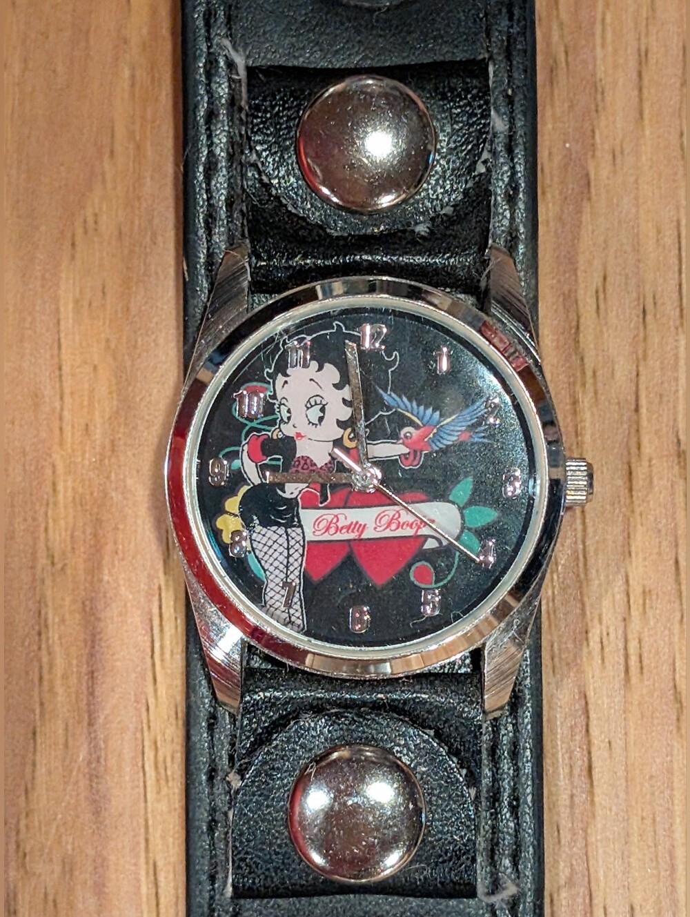 Betty Boop Black Watch with Colorful Cartoon Dial And Genuine Leather Band